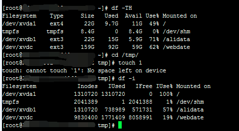Linux系统新建文件提示＂no space left on device＂(磁盘上没有足够的空间)