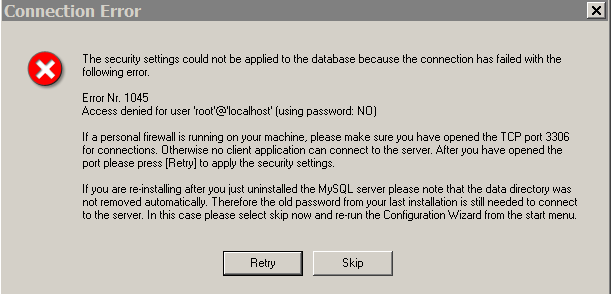 谈谈MYSQL ERROR 1045 错误的解决办法!