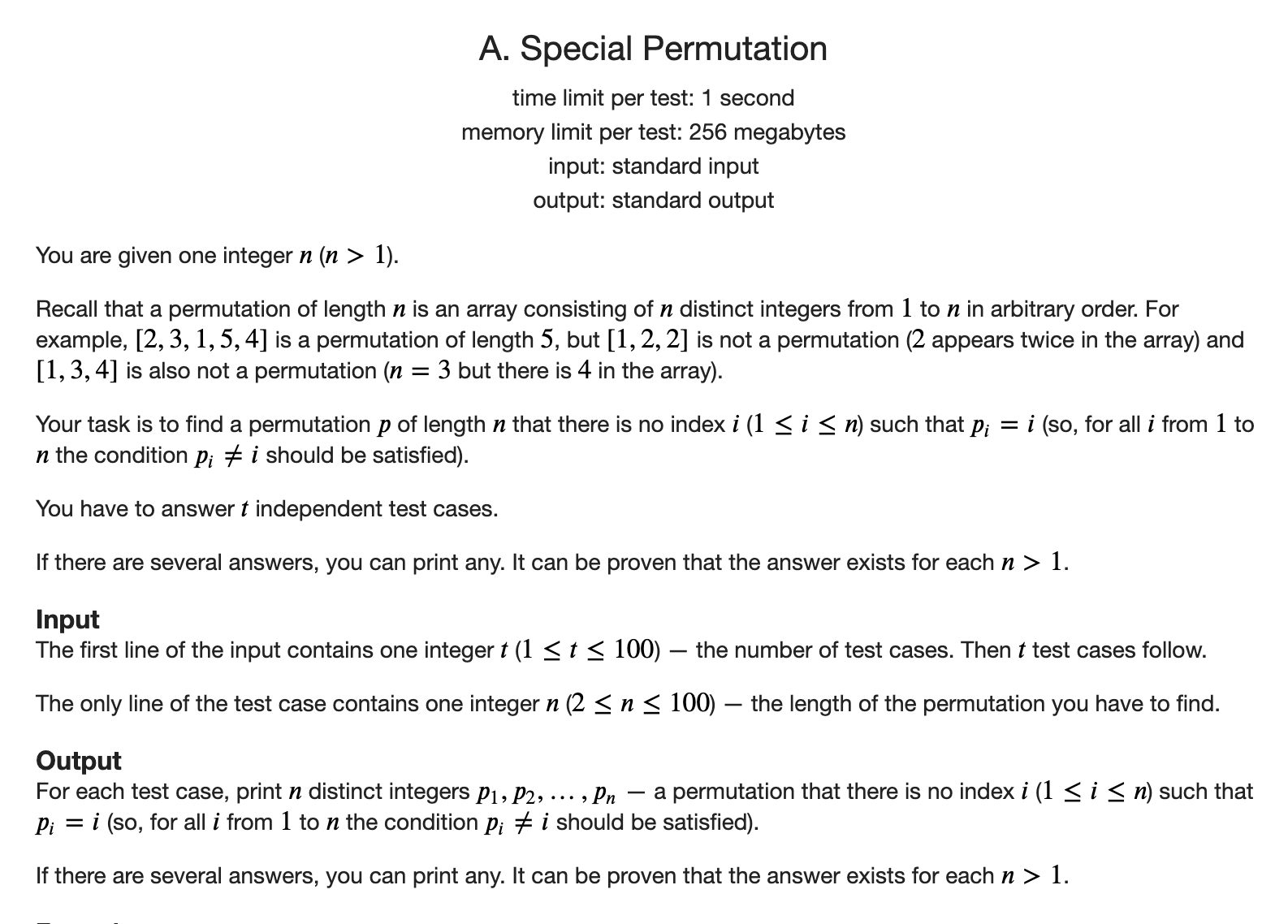 Codeforces Round #686 (Div. 3)_A. Special Permutation