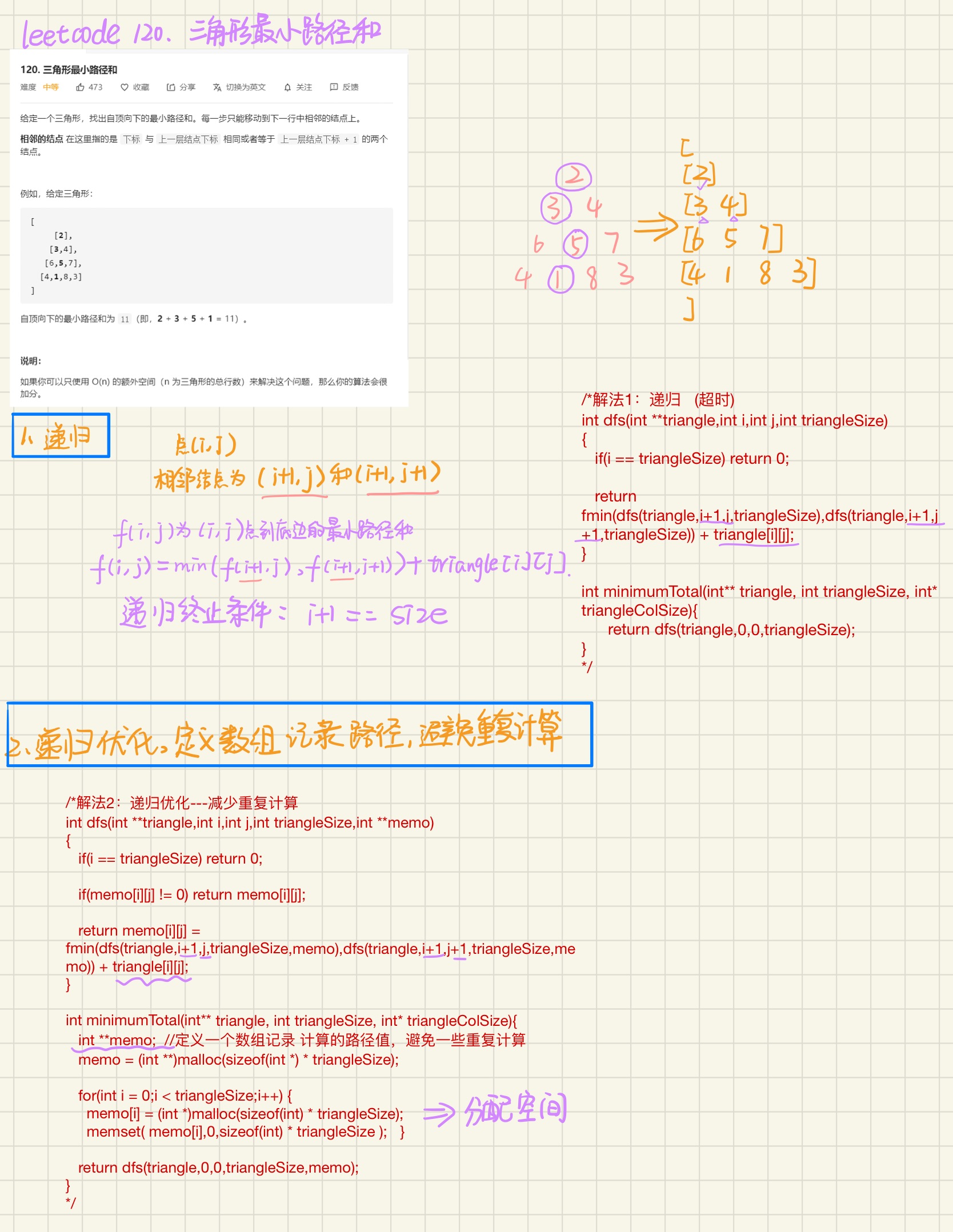 120. 三角形最小路径和 (C语言+暴力递归+优化递归+动态规划+空间优化动态规划)