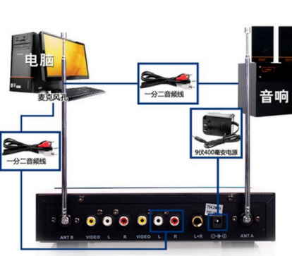 第二步:用一对二的音频线从电脑的麦克风插孔连接到无线话筒的音频