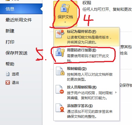 2,3)2,单击"保护文档"后,在下拉的菜单中点击"用密码进行加密":3,点击